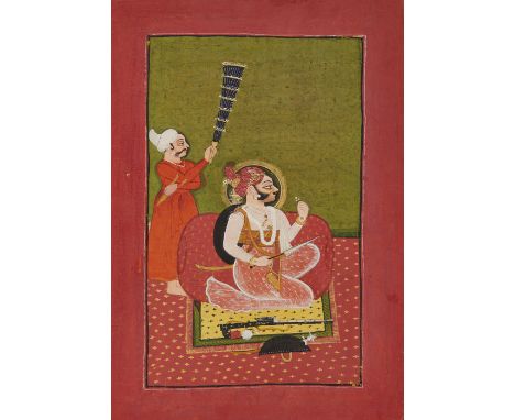 Maharaja Sultan Singh of Kapre, Bundi, North India, circa 1820,  opaque pigments on paper heightened with gold, depicted knee