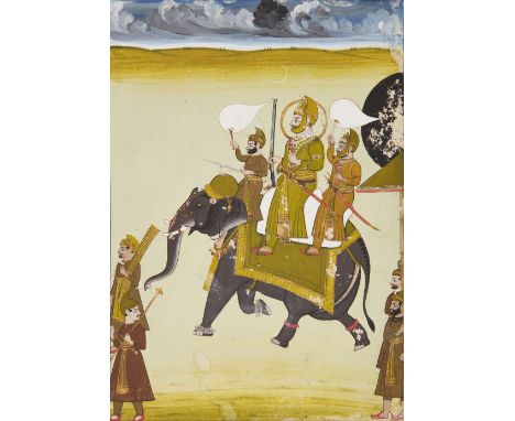 Maharana Jawan Singh hunting on an elephant, Mewar, India, circa 1830, opaque pigments heightened with gold on paper, depicte