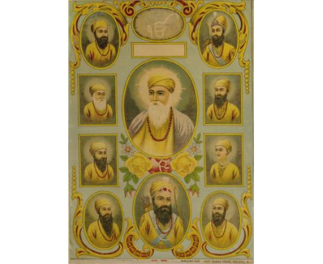 The Ten Sikh Gurus, Ravi Varma Press, Malavli, Poona, circa 1925, oleograph on paper, inscribed in devanagari and English in 