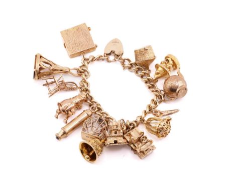 A 9 carat gold charm bracelet; the curb pattern bracelet with padlock clasp and suspending fifteen charms including a miniatu