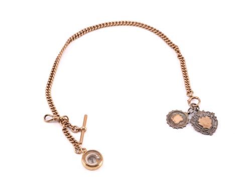 A 9ct gold heavy Albert chain with compass and medallions, featuring a heavy link Albert chain measuring 2.5mm, with a T-bar 