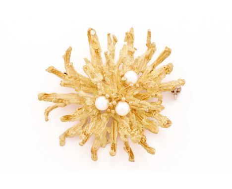 An 18 carat gold and cultured pearl abstract marine style spray brooch; in the form of a swaying sea aneomone. Hallmarked. 4 