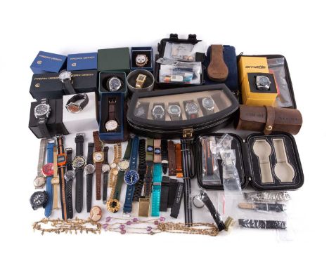 A mixed lot of 28 watches some of which are unworn and boxed, numerous unused straps, watch travel cases and display cases, s