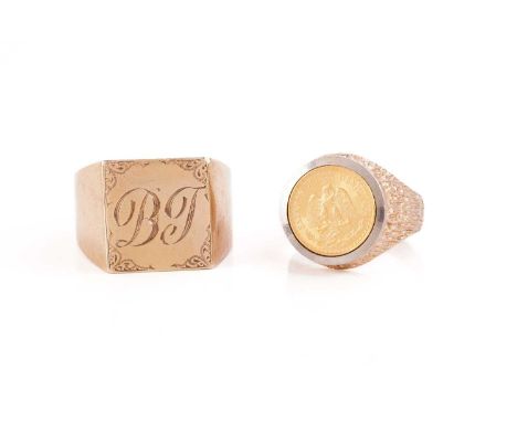 A 9ct gold ring set with a Mexican dos peso, together with a signet ring; the first ring has a textured ring mount to a flat 