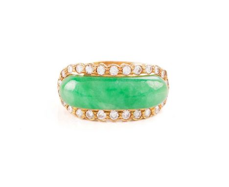 A Chinese saddle ring set with jadeite and diamonds, comprising a saddle-shaped jadeite jade, approximately measures 22.8 x 7