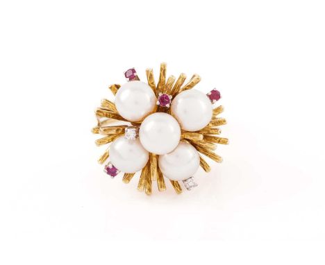 A modernist pearl cluster ring, comprising five round button-shaped white pearls with pink overtones, set in a radiating star