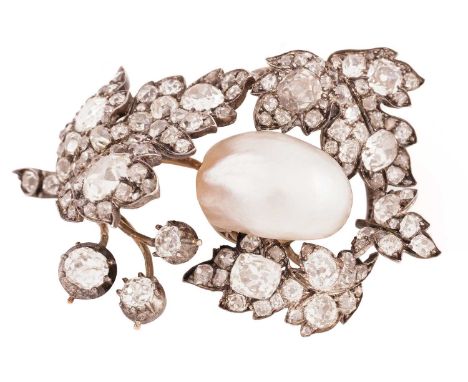 A Victorian diamond and pearl floral spray brooch, the pearl measuring approximately 15.5 x 11 x 8.5mm, with clusters of old 