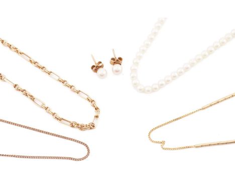 A 9 carat gold fancy link chain; a 9 carat gold cable and bar link chain, a trace link chain marked '9ct'; a single row unifo