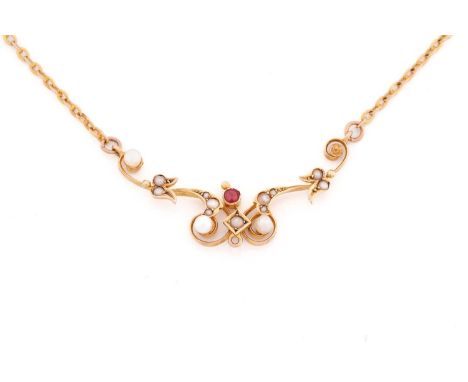 An Edwardian ruby and seed pearl necklace, the scrolling centre set with seed peals and a central ruby, (one pearl and a ston