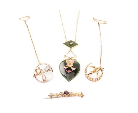 Three period gem-set brooches and an Edwardian nephrite jade necklace; including a Victorian seed pearl brooch, in the form o