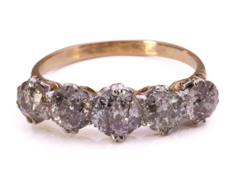 A five-stone diamond half hoop ring, comprising five graduated old-cut diamonds, in claw settings with scrollwork details, wi
