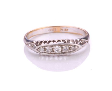 A five-stone diamond half-hoop ring, comprising five graduated single-cut diamonds in pavé setting, with pierced through unde