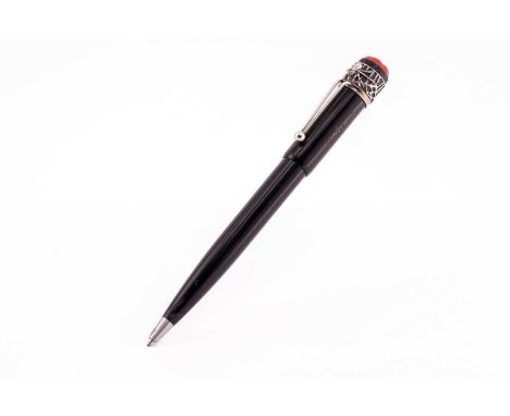 Montblanc spider ballpoint pen, the black resign body with twist action, the top section impressed Mont Blanc with emblem inl