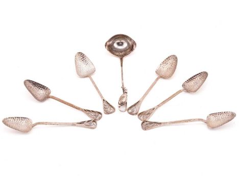A Georg Jensen small sauce ladle, GI mark and stamped Sterling Denmark, 12.5 cm long, and a set of six continental Art Nouvea