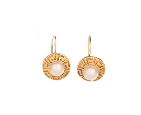 A pair of pearl set disk earrings, formed from yellow metal (test as 18ct) engraved disks with a half pearl set in the centre