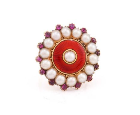 A ruby, enamel and split pearl target ring; with central split pearl within a red guilloché enamel panel, and outer bands of 