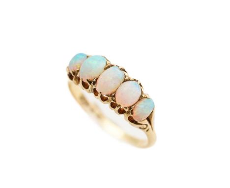 A five-stone opal half hoop ring in 18ct gold, featuring five graduating precious opal cabochons claw set in carved mounts, w