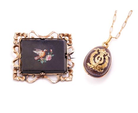 A micromosaic brooch and a guilloche enamel egg pendant on chain; the brooch showcases a rectangular onyx plaque with a small