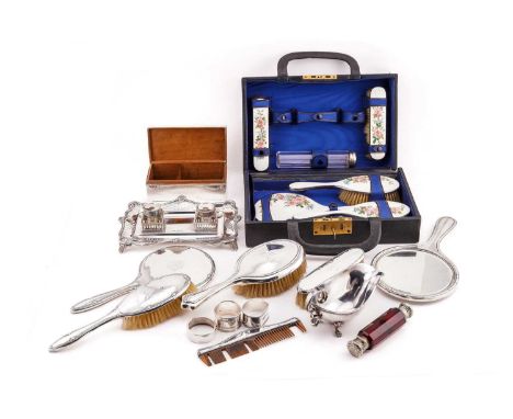 Quantity of silver and silver plate to include a silver rectangular inkstand, with pierced border, and two glass and plated i