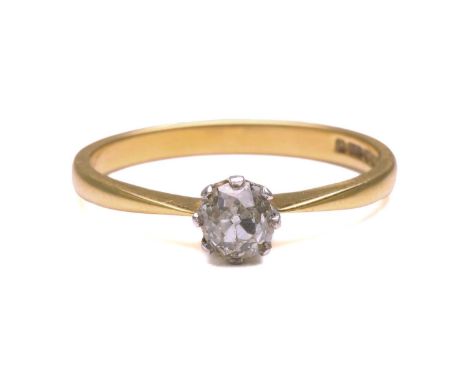 A diamond solitaire ring in 18ct gold, featuring a 4.5 x 4.2 x 3.6 mm old-European diamond in an eight claw settings, with ta