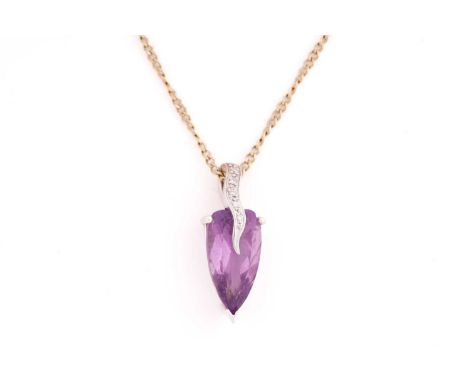 A single stone amethyst and diamond pendant; the faceted arrow-head shaped amethyst to a slightly scrolled diamond set bale a