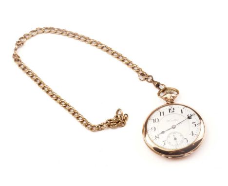 A Hamilton open face pocket watch and Albert chain, featuring a keyless movement and a white enamel dial with Arabic numerals