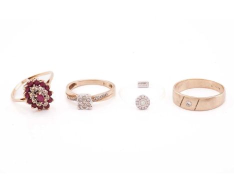 Four gem-set rings; to include a 9ct yellow gold garnet and diamond cluster ring, size O; a diamond cluster ring in 9ct yello