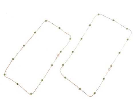 Two box chain necklaces with round nephrite jade intervals; finishing with spring ring clasps, Italian hallmarked '750', meas