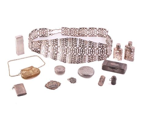 A collection of thirteen items including scent bottles stamped '925', pill bottle stamped '925', a vesta case hallmarked silv