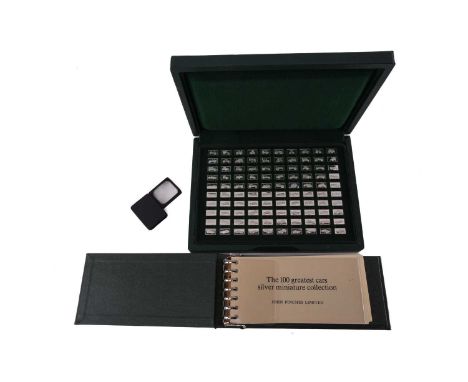 A John Pinches Limited "The 100 greatest cars silver miniature collection" comprising 100 ingots in case together with leafle