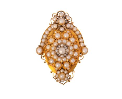 A 19th century gold, diamond, and pearl mourning brooch cum locket; oval, with a central split pearl and rose diamond cluster
