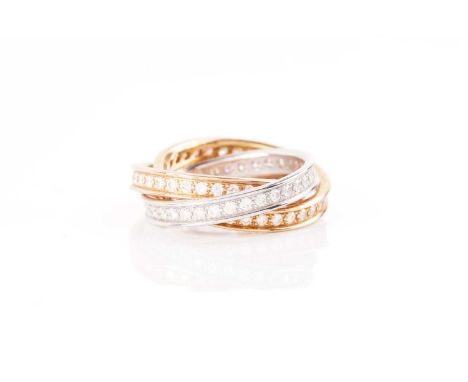 Cartier - 'Trinity' diamond ring, containing three intertwined bands in different tones, pavé-set with brilliant-cut diamonds