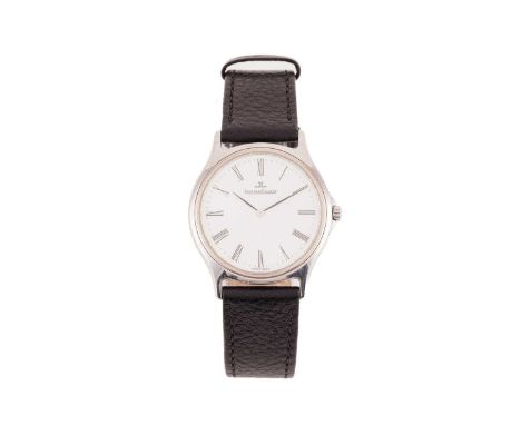 A Jaeger LeCoultre Heraion stainless steel wristwatch, white enamel dial with Roman numerals, leather strap with JLC steel pi