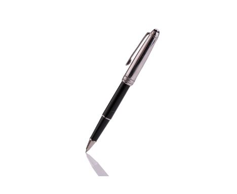 Montblanc Meisterstück rollerball pen, with steel cap and black resin barrel, white-tone hardware, and emblem inlaid in cap t
