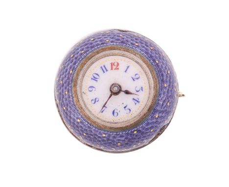 A Watch Ball Pendant, with purple guilloche enamel and a built-in winding mechanism with mechanical movement, internally sign