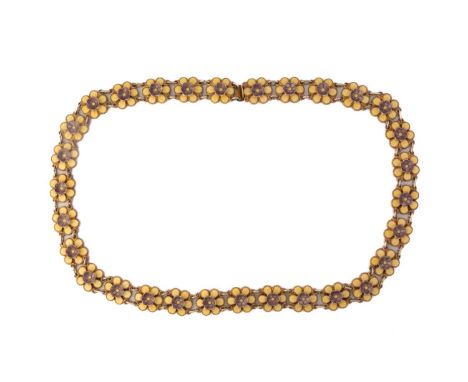 A Norwegian enamel floral necklace by Bernard Meldahl, with raised six-petal flowerhead links edged with twisted rope details