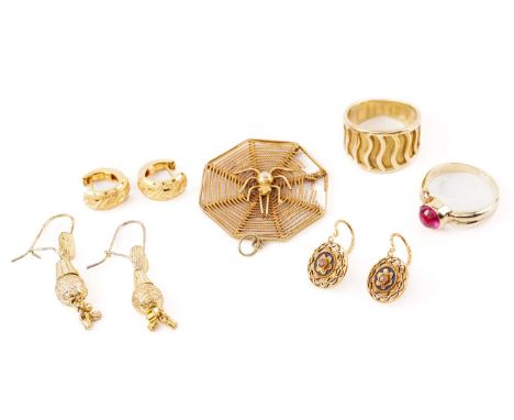 A collection of jewellery comprising a yellow metal ring set with round synthetic ruby cabochon size P, (tests as 18ct), a sp
