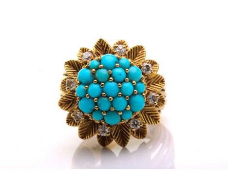 Ben Rosenfeld - A turquoise and diamond cluster ring, of bombé design, features a centralised cluster of nineteen turquoise c