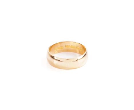 A plain 22 carat gold wedding band; plain curved section. Ring size P1/2; 7.76 grams