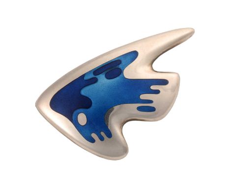 Georg Jensen - An enamel brooch, with cobalt blue enamel on an abstract 'amoeba' form panel, fitted with hinged pin stem and 