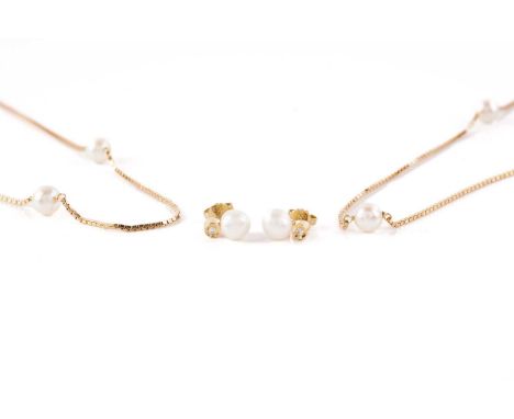 Two box chain necklaces with cultured pearl intervals, and a pair of pear and diamond stud earrings; The two necklaces compri