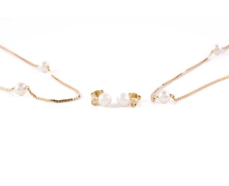 Two box chain necklaces with cultured pearl intervals, and a pair of pear and diamond stud earrings; The two necklaces compri