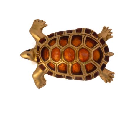 An Italian gold and enamel turtle brooch: the turtle shell decorated with gold and brownish gold guilloché enamel, with textu