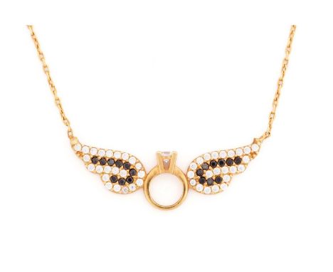 A necklace with a winged engagement ring design, set with CZs, attached to a fine cable link chain, yellow metal marked '22kt