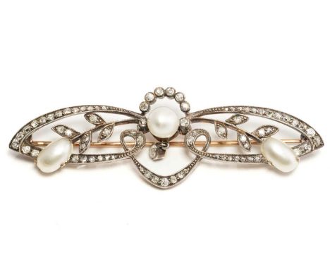 An Edwardian pearl and diamond brooch, comprising an egg-shaped white pearl with silver overtones, along with two oval split 