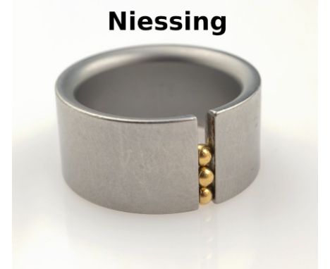 NIESSING Ring, Stahl, Modell Abakus EXPO 2000,  3 bewegl. Kugeln vergoldet, B ca. 11.5 mm, RW 60/61NIESSING ring  , stainless