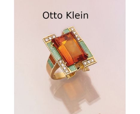 18 kt Gold Ring OTTO KLEIN mit Citrin, Email und Brillanten,   GG 750/000, mittig facett. Citrin ca. 12.00 ct, 14 Brillanten 