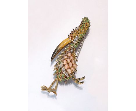 18 kt Gold Brosche 'Marabu' mit Diamanten, Korallen und Email,   GG 750/000 gepr., 11 Korallennavettes zus. ca. 3.00 ct, 18 8