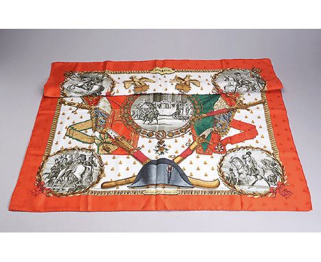 HERMES Carree, 100 % Seide,   Modell Napoleon, Stationen seiner Siege, roter Rand, cremefarbener Grund mit farbigen Darstellu