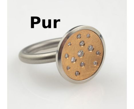PUR Ring mit Brillanten,   Swivel-Serie, Edelstahl, beweglicher Ring Kopf in Teller- form in GG mit 13 Brillanten zus. ca. 0.
